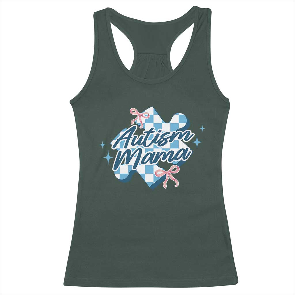 Autism Mama Coquette Puzzle Piece Pink Bow Racerback Tank Top TS11 Dark Forest Green Print Your Wear