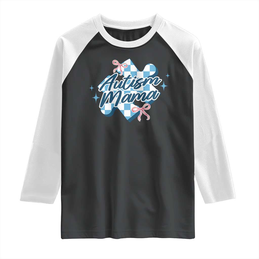 Autism Mama Coquette Puzzle Piece Pink Bow Raglan Shirt TS11 Black White Print Your Wear