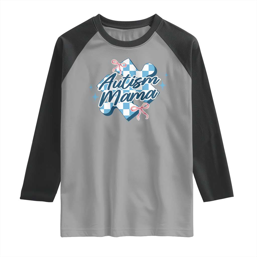 Autism Mama Coquette Puzzle Piece Pink Bow Raglan Shirt TS11 Sport Gray Black Print Your Wear