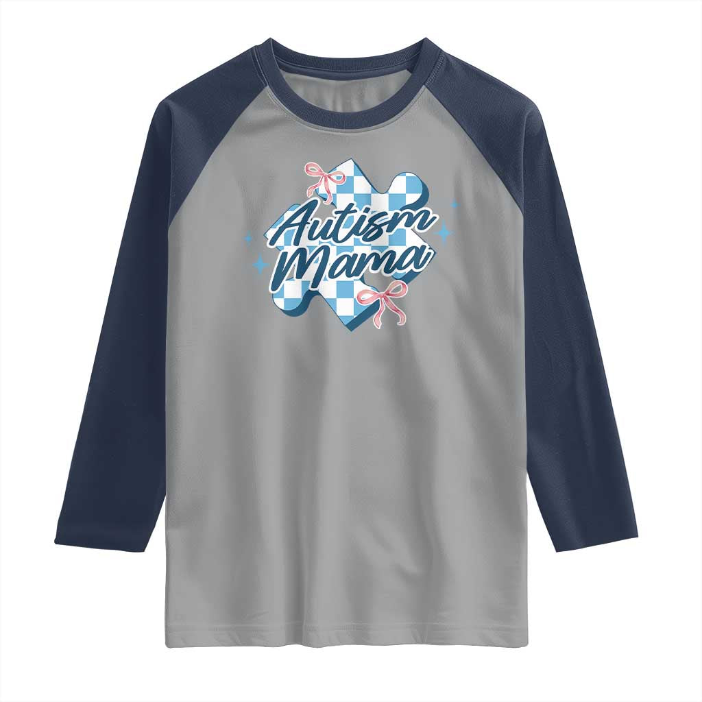 Autism Mama Coquette Puzzle Piece Pink Bow Raglan Shirt TS11 Sport Gray Navy Print Your Wear