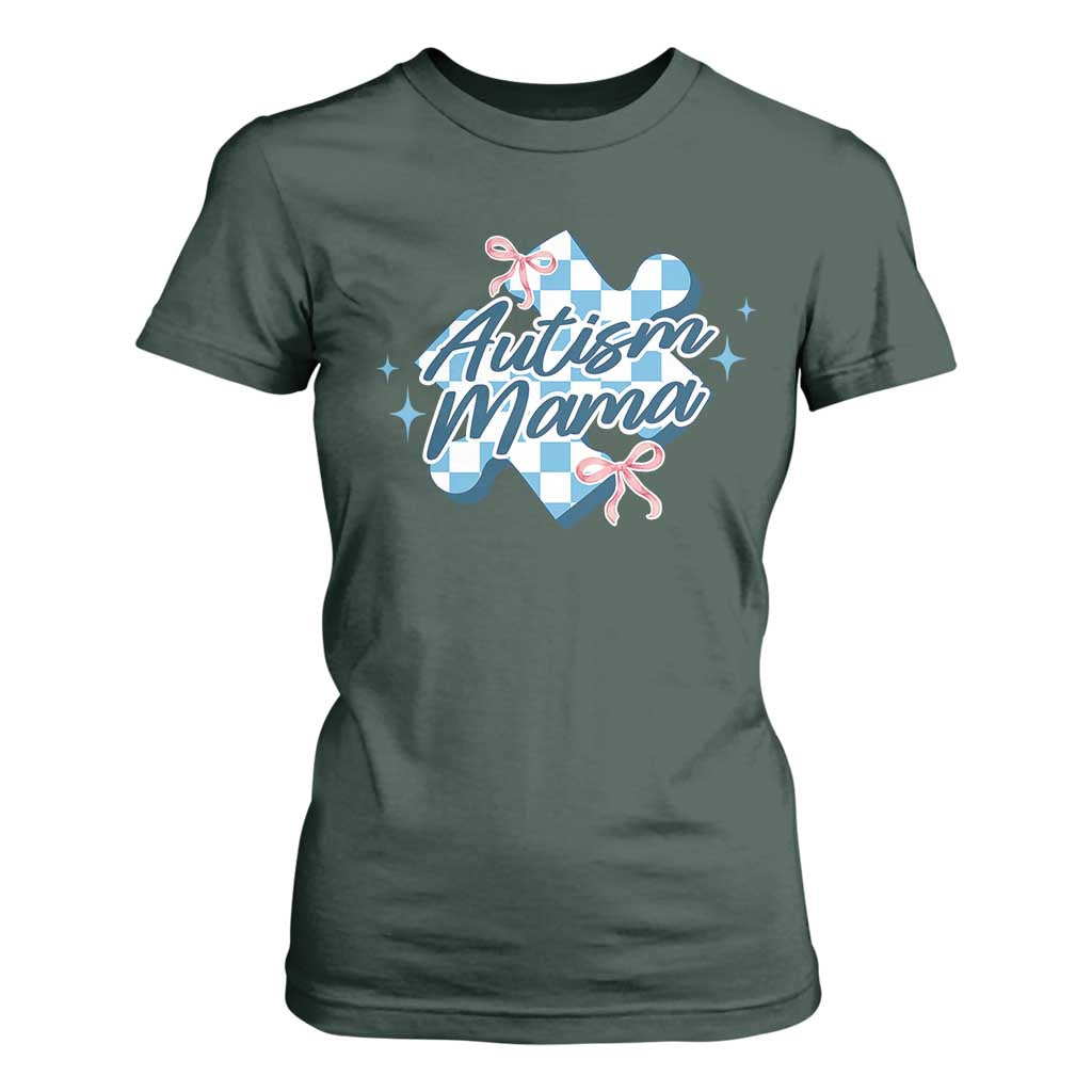 Autism Mama Coquette Puzzle Piece Pink Bow T Shirt For Women TS11 Dark Forest Green Print Your Wear