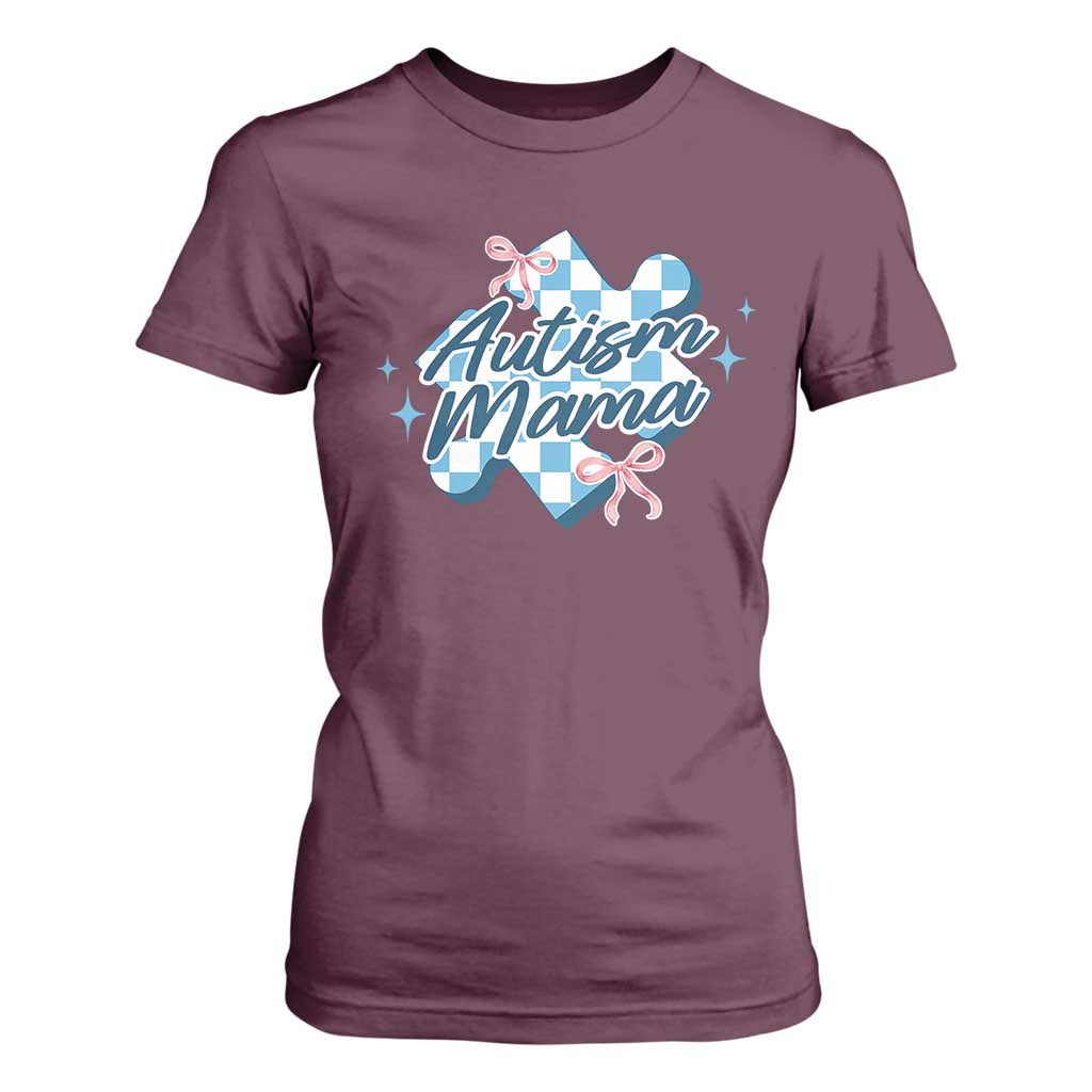 Autism Mama Coquette Puzzle Piece Pink Bow T Shirt For Women TS11 Maroon Print Your Wear