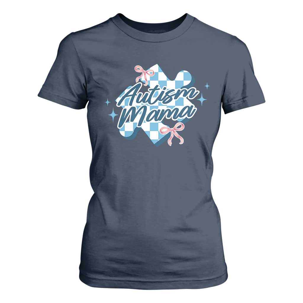Autism Mama Coquette Puzzle Piece Pink Bow T Shirt For Women TS11 Navy Print Your Wear