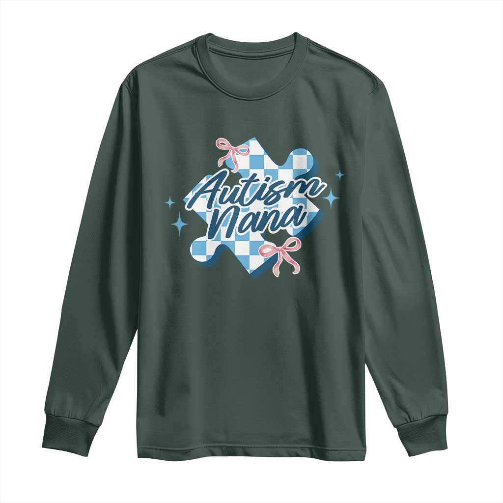 Autism Nana Coquette Puzzle Piece Pink Bow Long Sleeve Shirt TS11 Dark Forest Green Print Your Wear