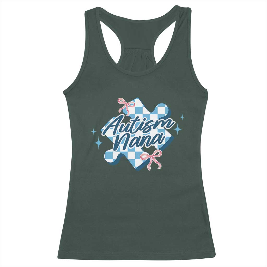 Autism Nana Coquette Puzzle Piece Pink Bow Racerback Tank Top TS11 Dark Forest Green Print Your Wear