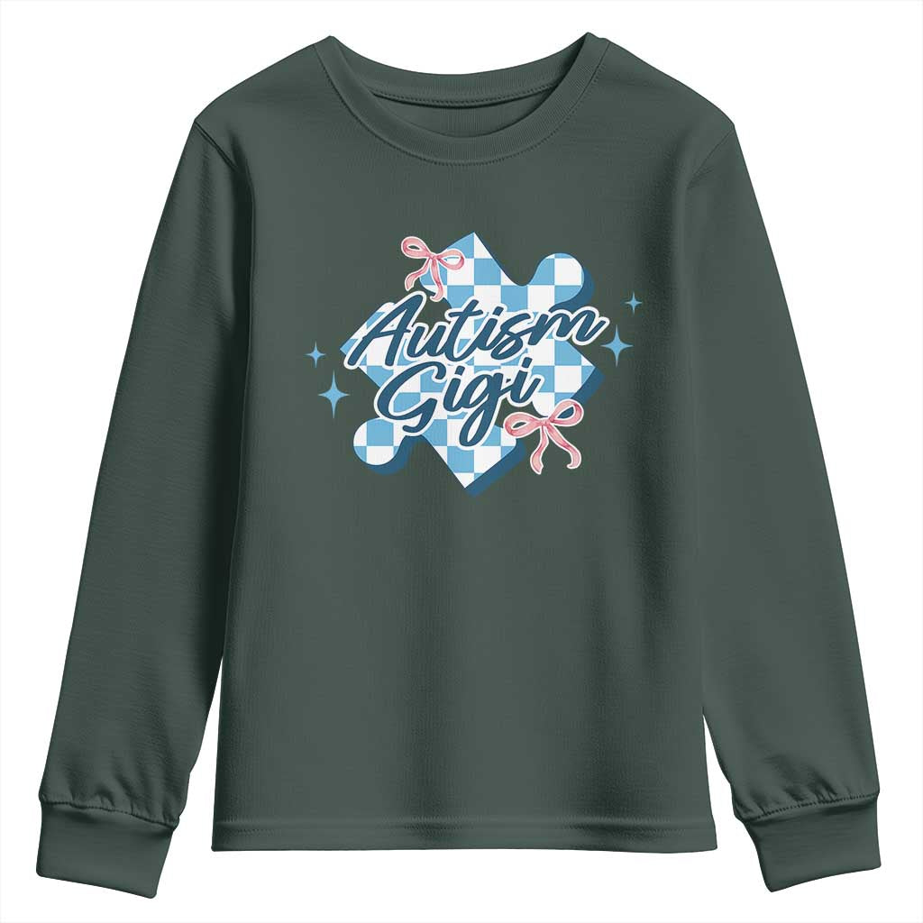 Autism Gigi Coquette Puzzle Piece Pink Bow Youth Sweatshirt TS11 Dark Forest Green Print Your Wear