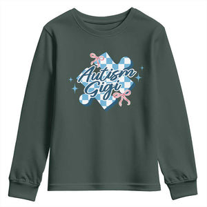 Autism Gigi Coquette Puzzle Piece Pink Bow Youth Sweatshirt TS11 Dark Forest Green Print Your Wear