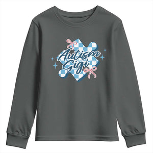Autism Gigi Coquette Puzzle Piece Pink Bow Youth Sweatshirt TS11 Dark Heather Print Your Wear