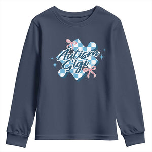 Autism Gigi Coquette Puzzle Piece Pink Bow Youth Sweatshirt TS11 Navy Print Your Wear