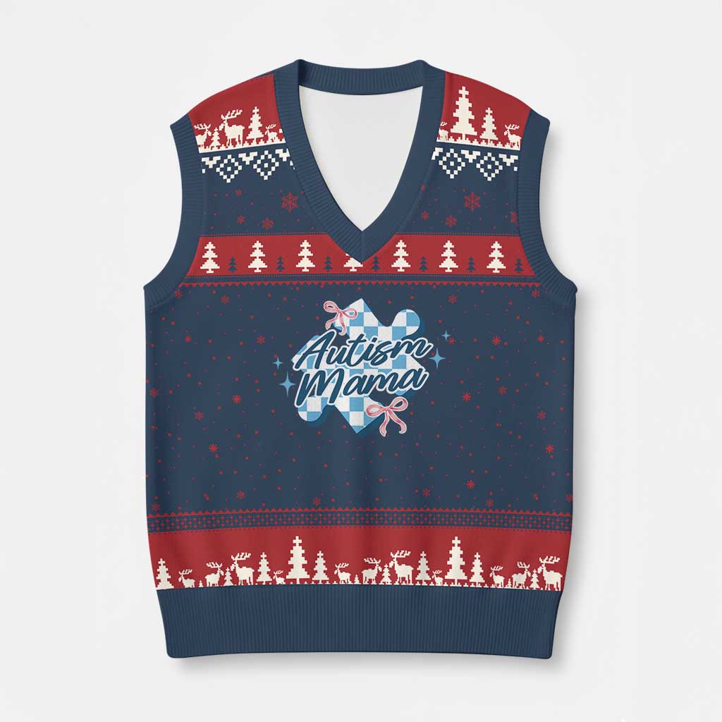 Autism Mama Coquette Puzzle Piece Pink Bow V-Neck Knit Sweater Vest TS11 Navy Red Print Your Wear