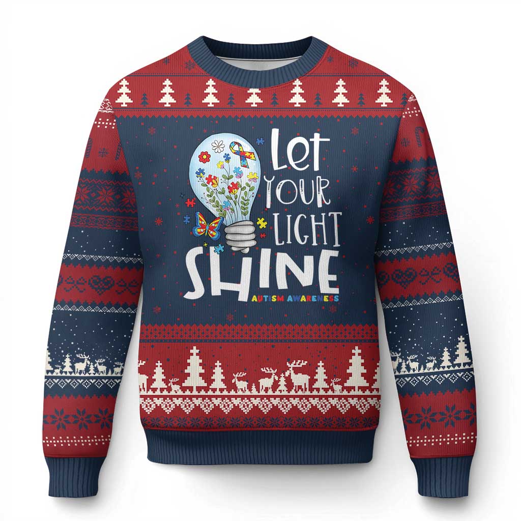 Autism Awareness Ugly Christmas Sweater Let Your Light Shine Puzzle Ribbon Inspirational Quote TS11 Navy Red Print Your Wear