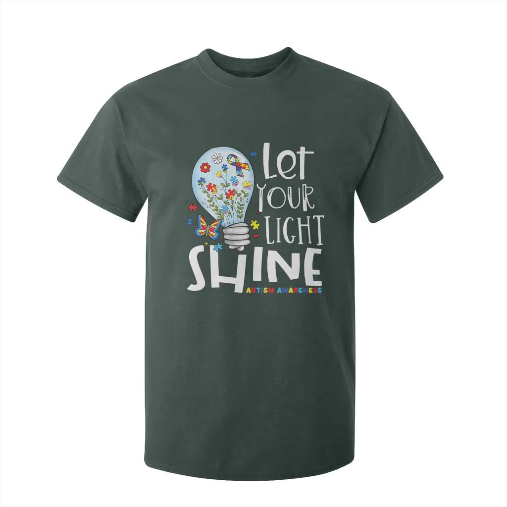 Autism Awareness T Shirt For Kid Let Your Light Shine Puzzle Ribbon Inspirational Quote TS11 Dark Forest Green Print Your Wear