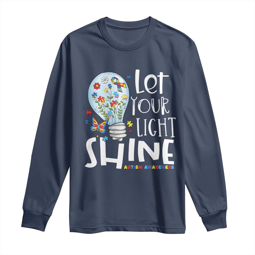 Autism Awareness Long Sleeve Shirt Let Your Light Shine Puzzle Ribbon Inspirational Quote TS11 Navy Print Your Wear