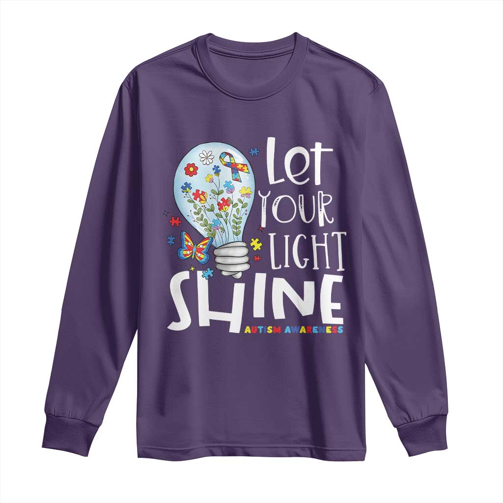 Autism Awareness Long Sleeve Shirt Let Your Light Shine Puzzle Ribbon Inspirational Quote TS11 Purple Print Your Wear