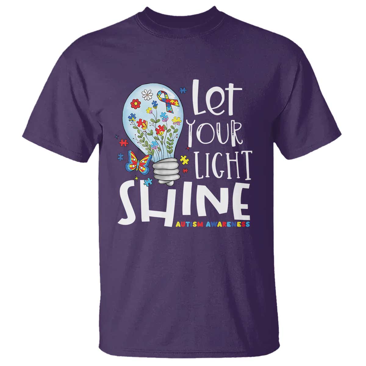 Autism Awareness T Shirt Let Your Light Shine Puzzle Ribbon Inspirational Quote TS11 Purple Print Your Wear