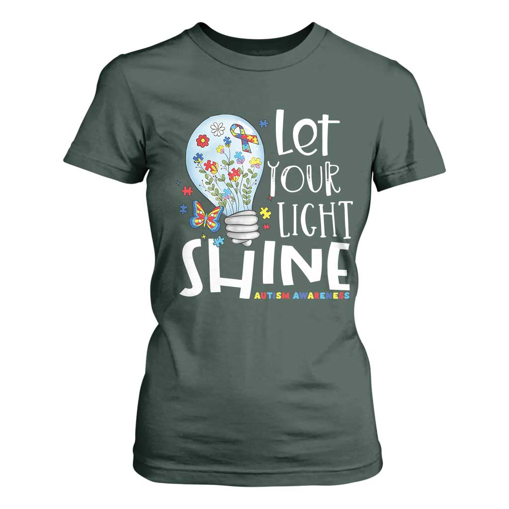 Autism Awareness T Shirt For Women Let Your Light Shine Puzzle Ribbon Inspirational Quote TS11 Dark Forest Green Print Your Wear
