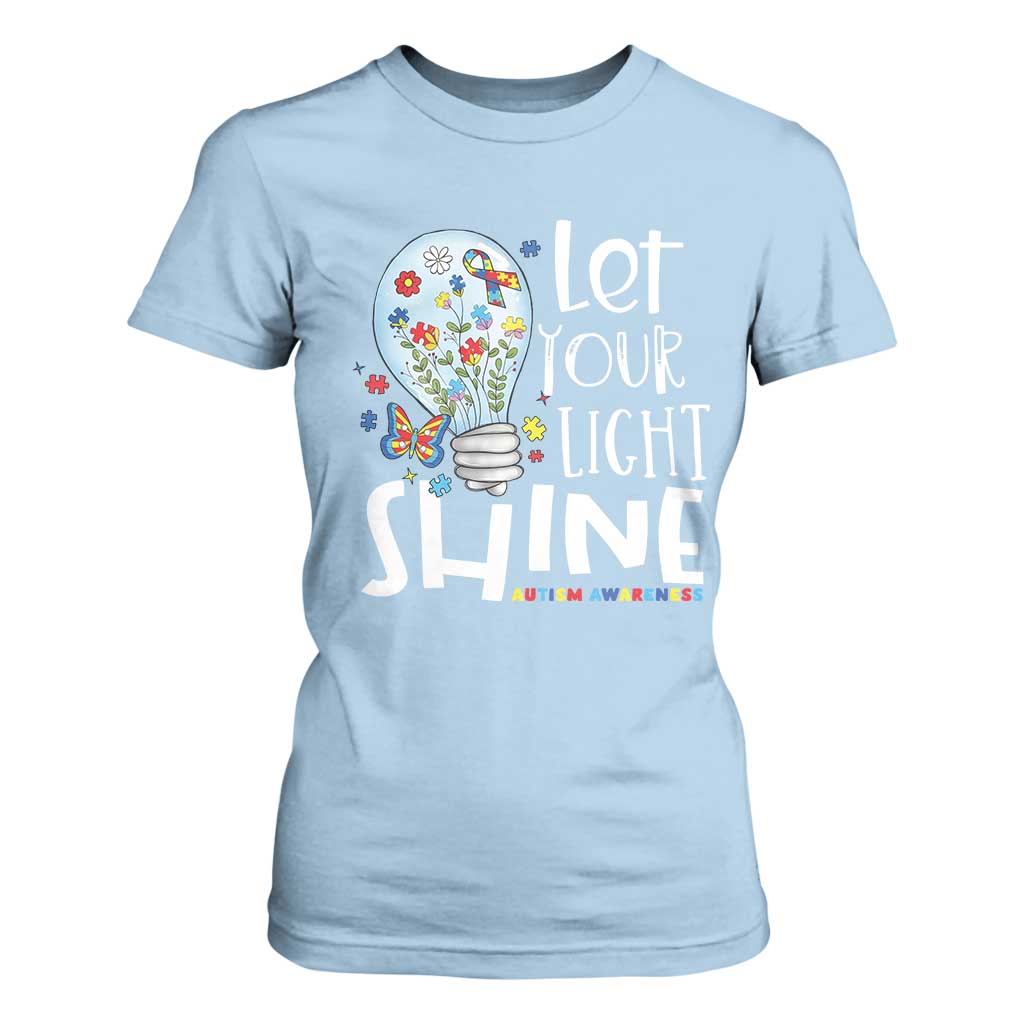 Autism Awareness T Shirt For Women Let Your Light Shine Puzzle Ribbon Inspirational Quote TS11 Light Blue Print Your Wear