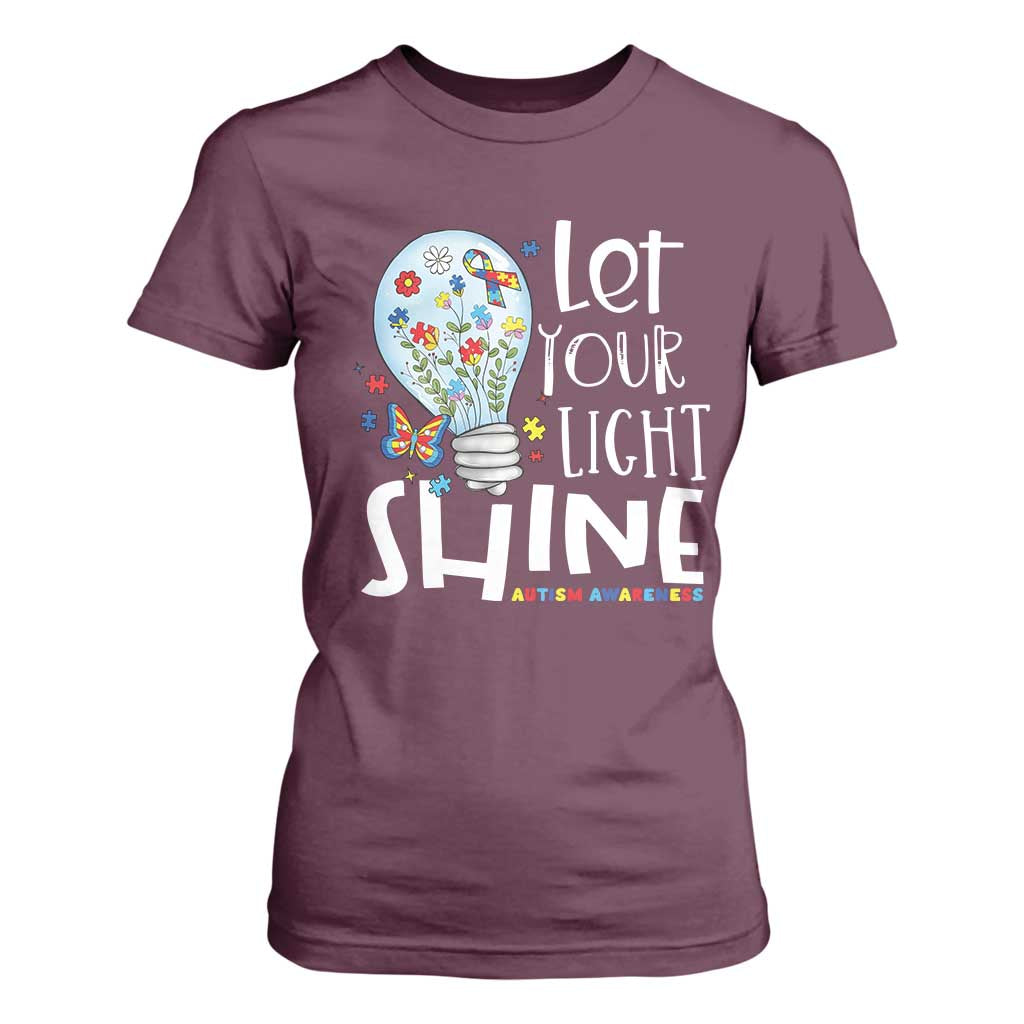 Autism Awareness T Shirt For Women Let Your Light Shine Puzzle Ribbon Inspirational Quote TS11 Maroon Print Your Wear