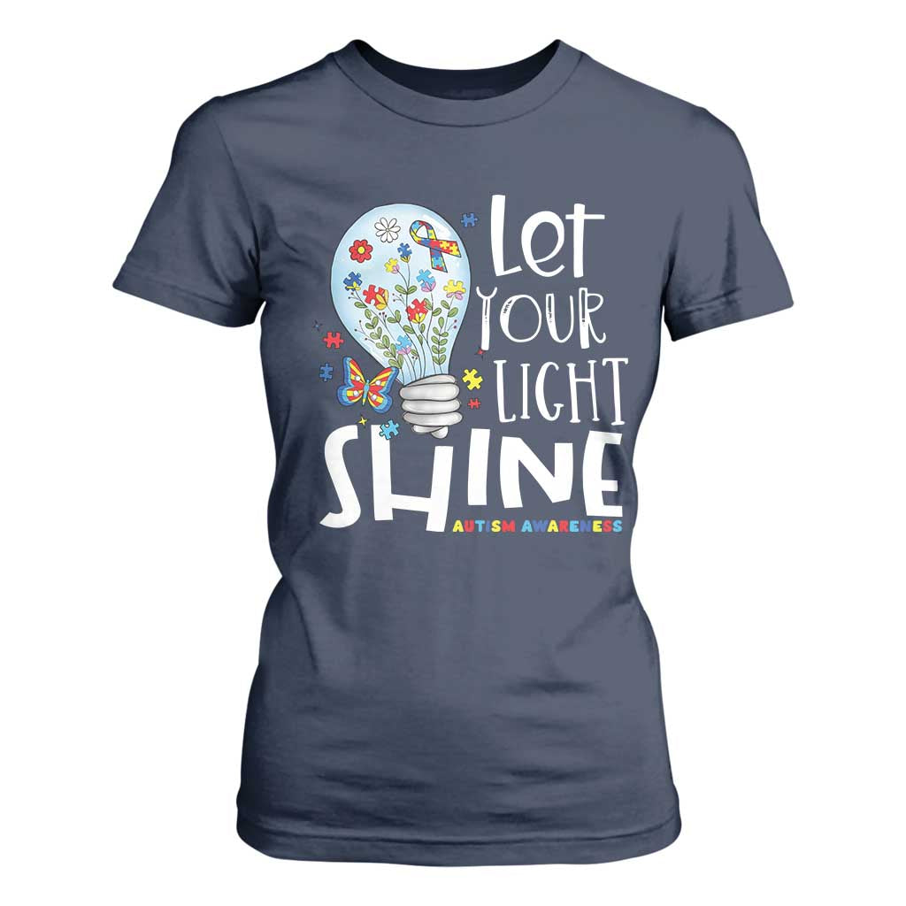 Autism Awareness T Shirt For Women Let Your Light Shine Puzzle Ribbon Inspirational Quote TS11 Navy Print Your Wear