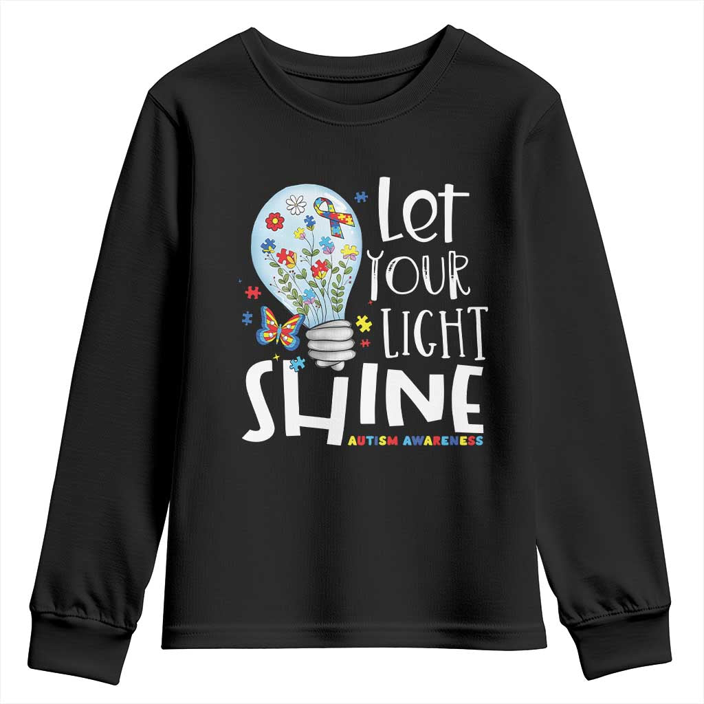 Autism Awareness Youth Sweatshirt Let Your Light Shine Puzzle Ribbon Inspirational Quote TS11 Black Print Your Wear