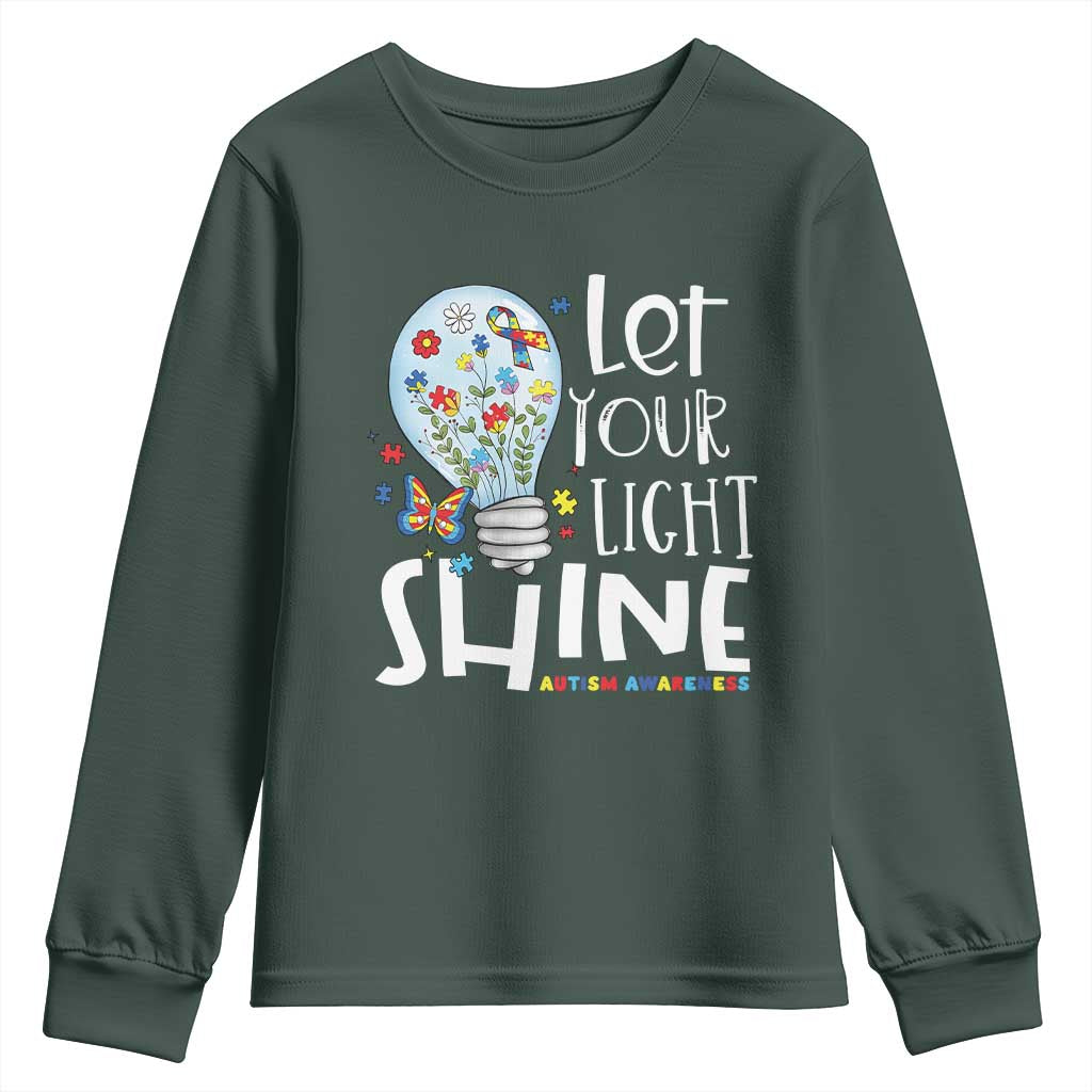 Autism Awareness Youth Sweatshirt Let Your Light Shine Puzzle Ribbon Inspirational Quote TS11 Dark Forest Green Print Your Wear