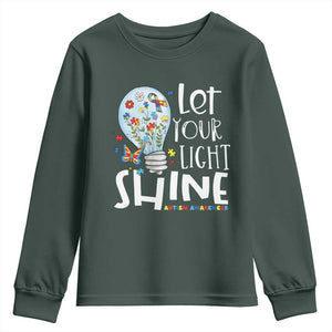Autism Awareness Youth Sweatshirt Let Your Light Shine Puzzle Ribbon Inspirational Quote TS11 Dark Forest Green Print Your Wear