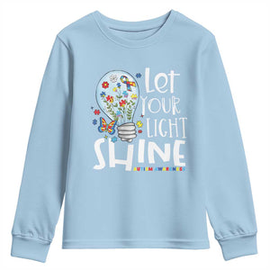 Autism Awareness Youth Sweatshirt Let Your Light Shine Puzzle Ribbon Inspirational Quote TS11 Light Blue Print Your Wear