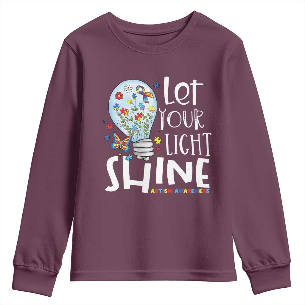 Autism Awareness Youth Sweatshirt Let Your Light Shine Puzzle Ribbon Inspirational Quote TS11 Maroon Print Your Wear