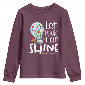 Autism Awareness Youth Sweatshirt Let Your Light Shine Puzzle Ribbon Inspirational Quote TS11 Maroon Print Your Wear