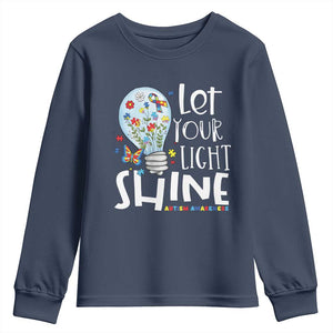 Autism Awareness Youth Sweatshirt Let Your Light Shine Puzzle Ribbon Inspirational Quote TS11 Navy Print Your Wear