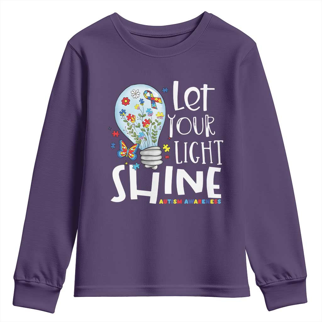 Autism Awareness Youth Sweatshirt Let Your Light Shine Puzzle Ribbon Inspirational Quote TS11 Purple Print Your Wear