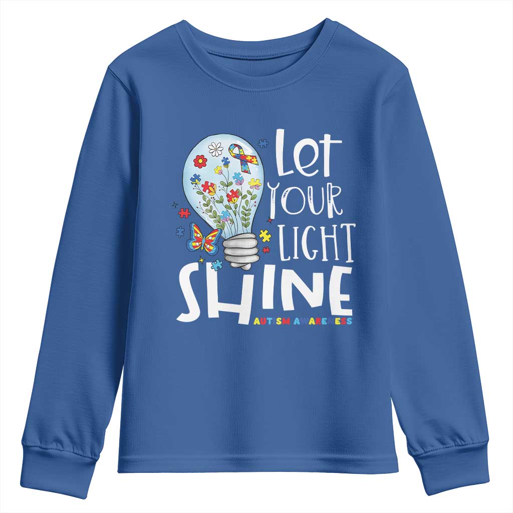 Autism Awareness Youth Sweatshirt Let Your Light Shine Puzzle Ribbon Inspirational Quote TS11 Royal Blue Print Your Wear