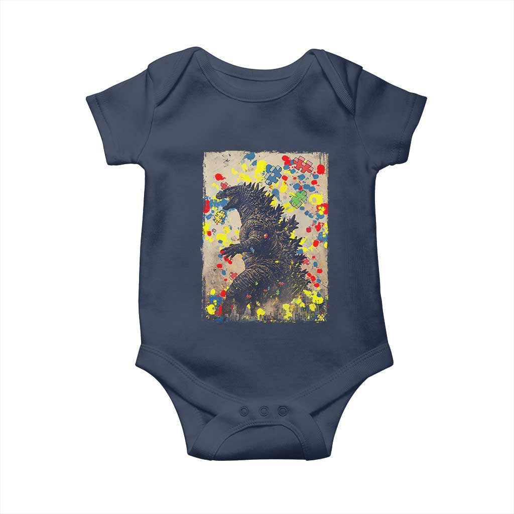Funny Autism Awareness Japanese Giant Monster Baby Onesie Colorful Puzzles TS11 Navy Print Your Wear