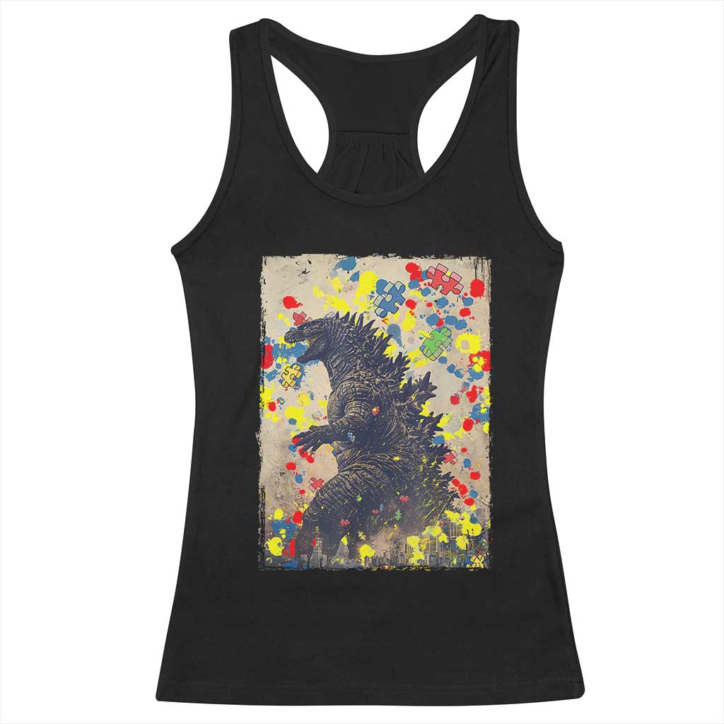 Funny Autism Awareness Japanese Giant Monster Racerback Tank Top Colorful Puzzles TS11 Black Print Your Wear