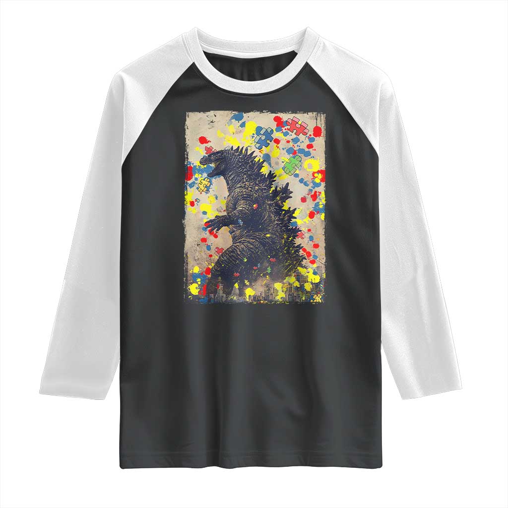Funny Autism Awareness Japanese Giant Monster Raglan Shirt Colorful Puzzles TS11 Black White Print Your Wear