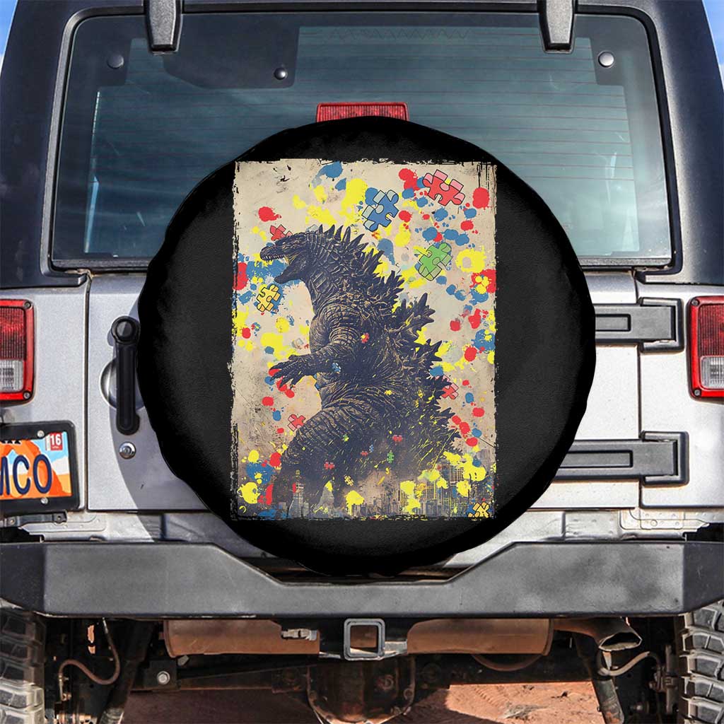 Funny Autism Awareness Japanese Giant Monster Spare Tire Cover Colorful Puzzles TS11 No hole Black Print Your Wear