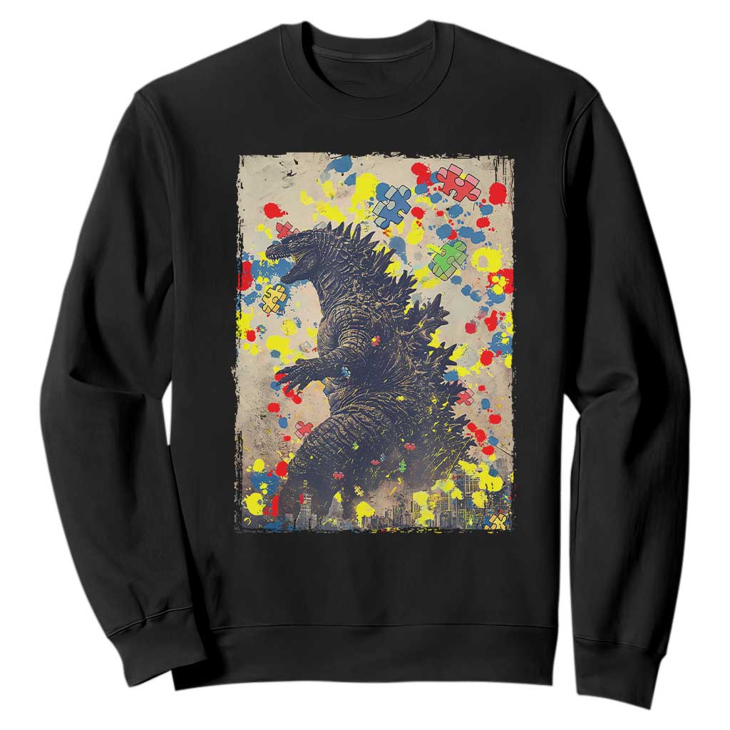 Funny Autism Awareness Japanese Giant Monster Sweatshirt Colorful Puzzles TS11 Black Print Your Wear