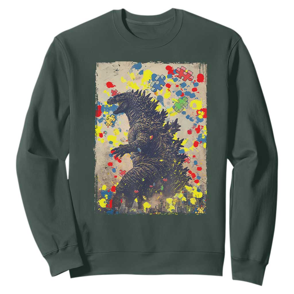 Funny Autism Awareness Japanese Giant Monster Sweatshirt Colorful Puzzles TS11 Dark Forest Green Print Your Wear