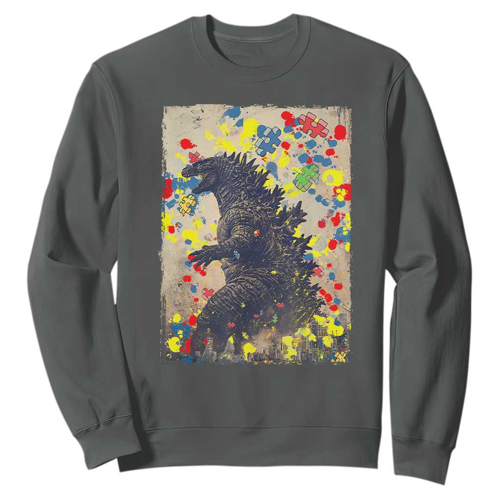 Funny Autism Awareness Japanese Giant Monster Sweatshirt Colorful Puzzles TS11 Dark Heather Print Your Wear