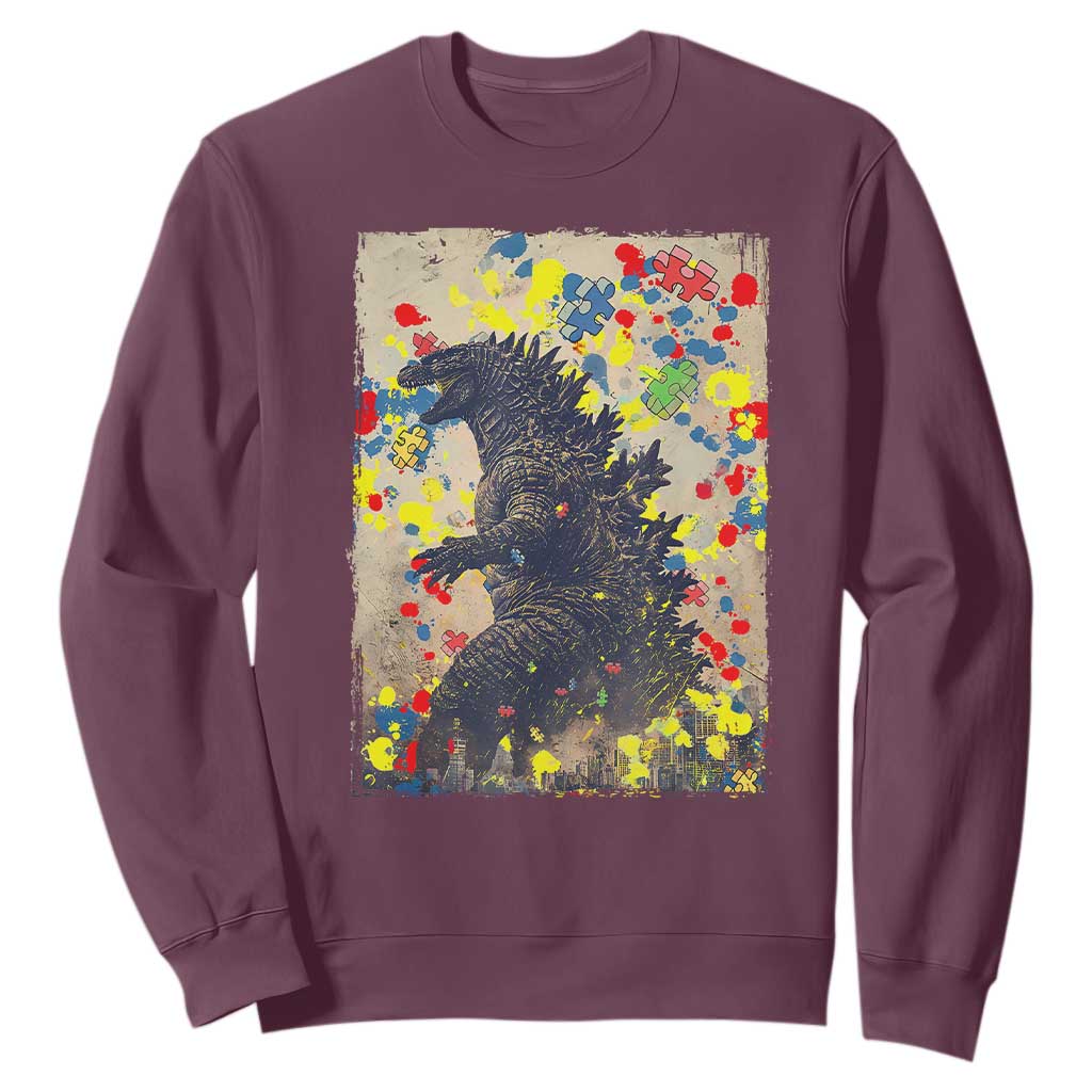 Funny Autism Awareness Japanese Giant Monster Sweatshirt Colorful Puzzles TS11 Maroon Print Your Wear