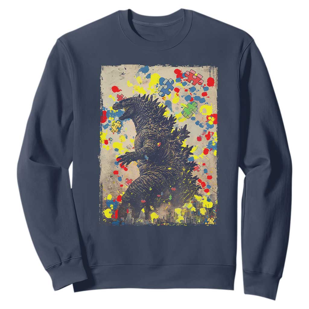 Funny Autism Awareness Japanese Giant Monster Sweatshirt Colorful Puzzles TS11 Navy Print Your Wear