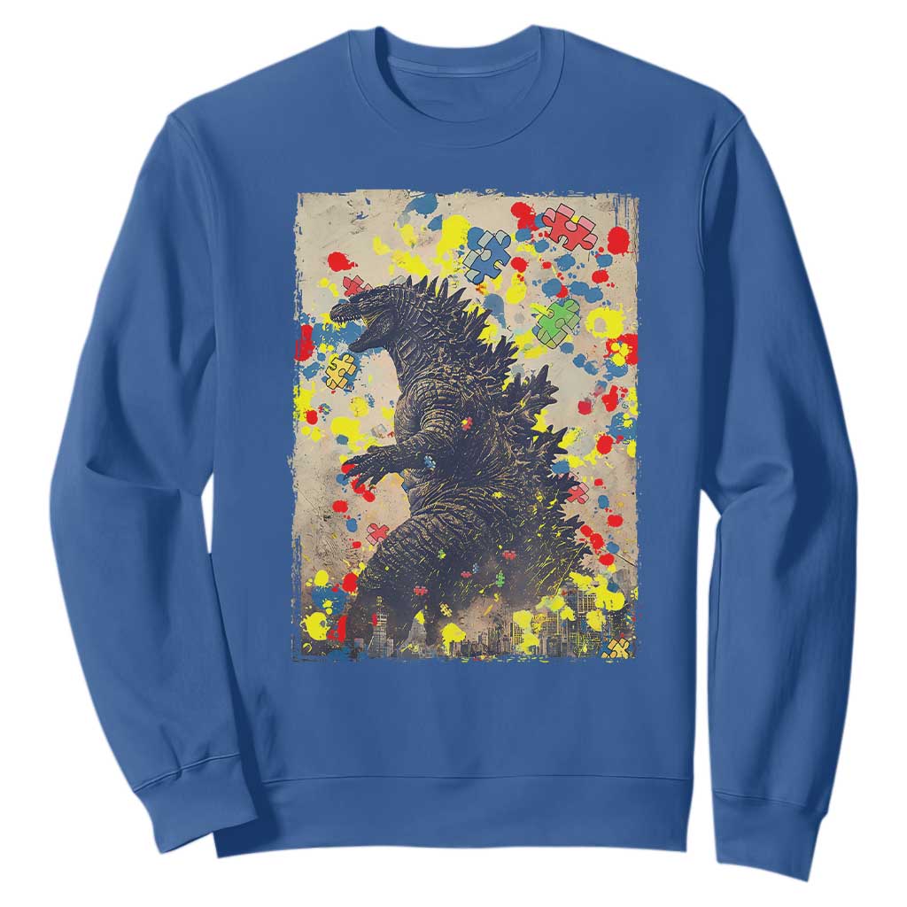 Funny Autism Awareness Japanese Giant Monster Sweatshirt Colorful Puzzles TS11 Royal Blue Print Your Wear