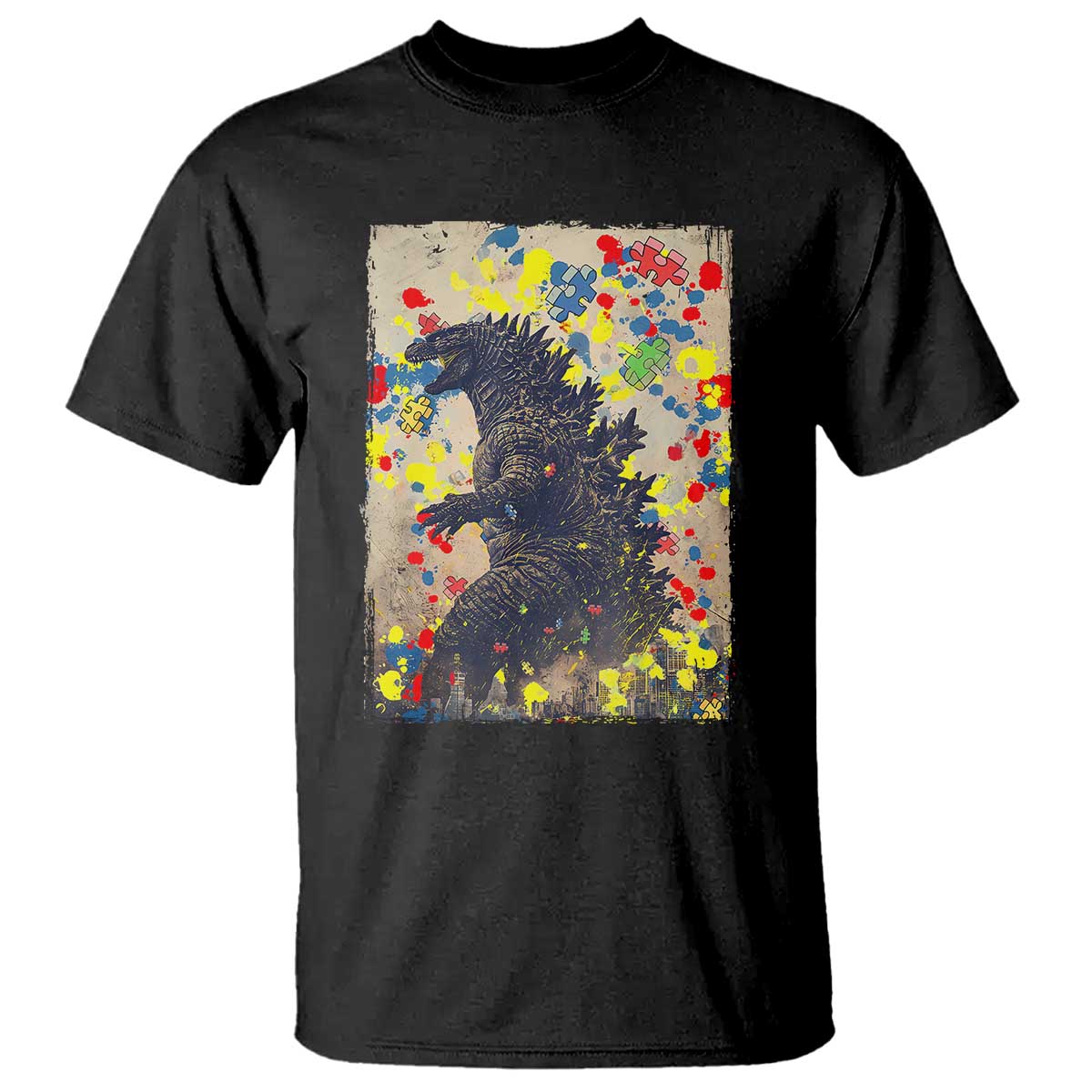 Funny Autism Awareness Japanese Giant Monster T Shirt Colorful Puzzles TS11 Black Print Your Wear