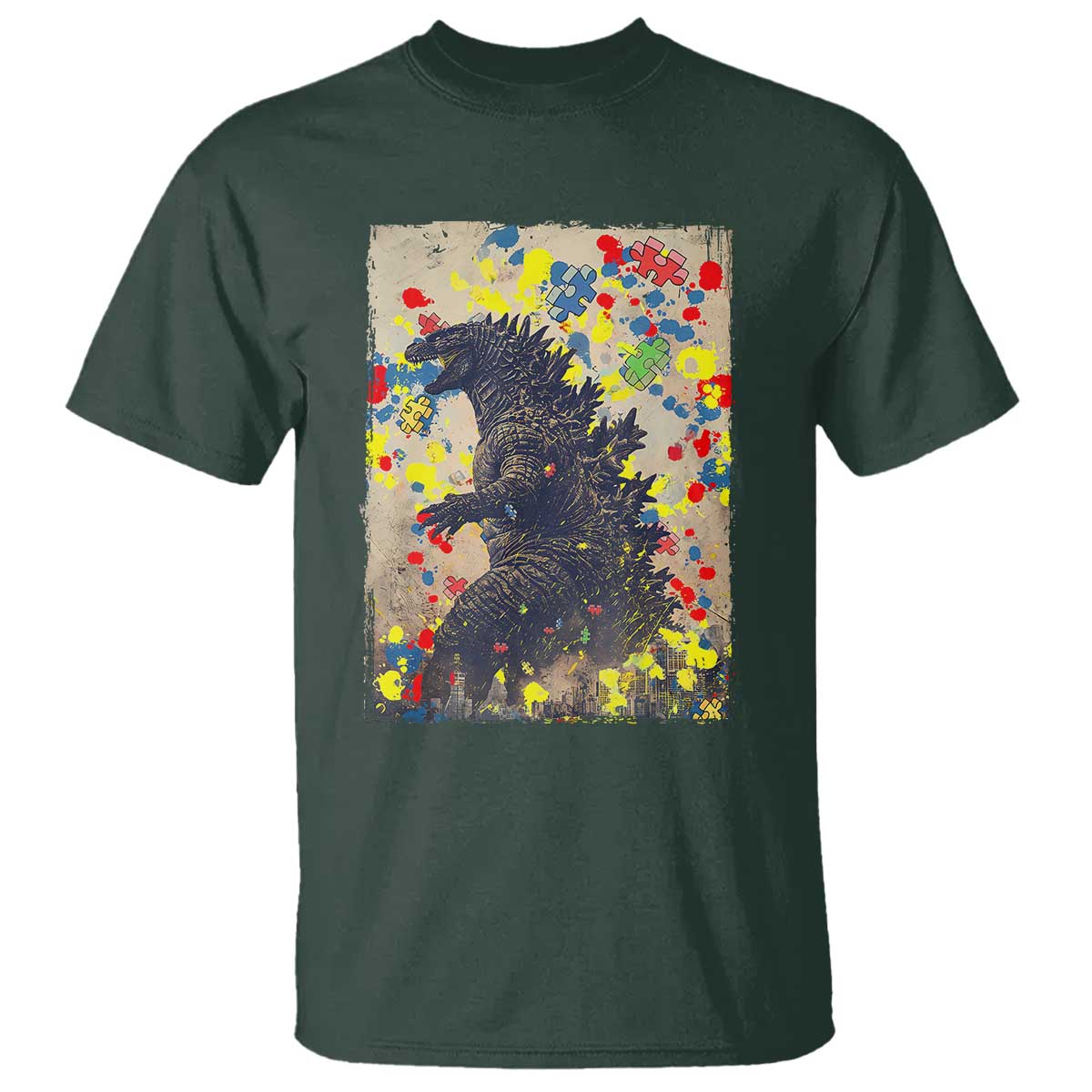 Funny Autism Awareness Japanese Giant Monster T Shirt Colorful Puzzles TS11 Dark Forest Green Print Your Wear