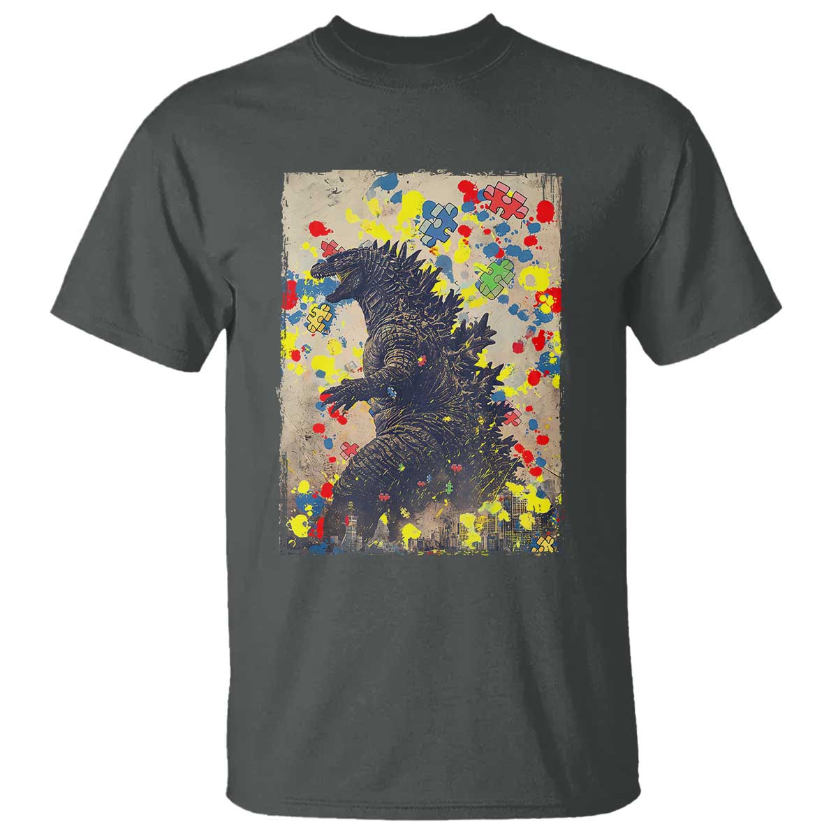 Funny Autism Awareness Japanese Giant Monster T Shirt Colorful Puzzles TS11 Dark Heather Print Your Wear