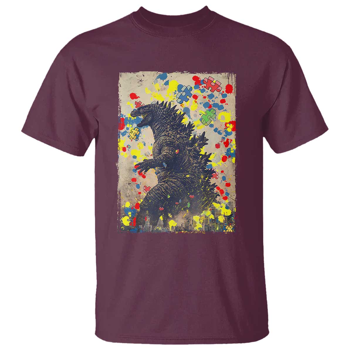 Funny Autism Awareness Japanese Giant Monster T Shirt Colorful Puzzles TS11 Maroon Print Your Wear