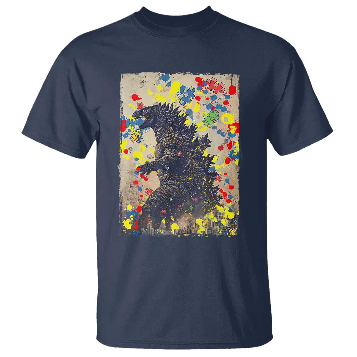 Funny Autism Awareness Japanese Giant Monster T Shirt Colorful Puzzles TS11 Navy Print Your Wear