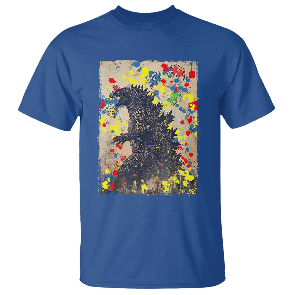 Funny Autism Awareness Japanese Giant Monster T Shirt Colorful Puzzles TS11 Royal Blue Print Your Wear