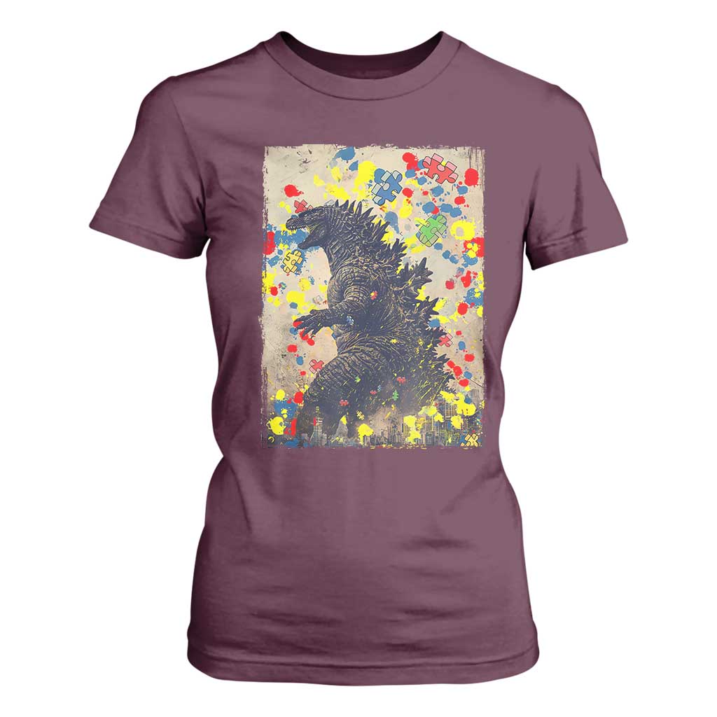 Funny Autism Awareness Japanese Giant Monster T Shirt For Women Colorful Puzzles TS11 Maroon Print Your Wear