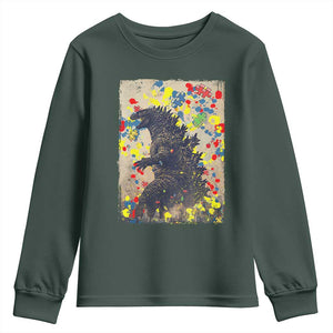 Funny Autism Awareness Japanese Giant Monster Youth Sweatshirt Colorful Puzzles TS11 Dark Forest Green Print Your Wear